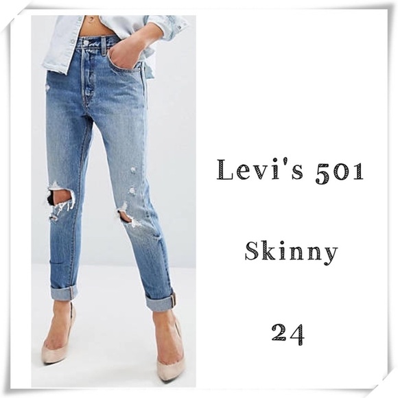 LEVI'S 501 High Rise Skinny Jeans Ripped Knees Cotton Button fly - Picture 1 of 13